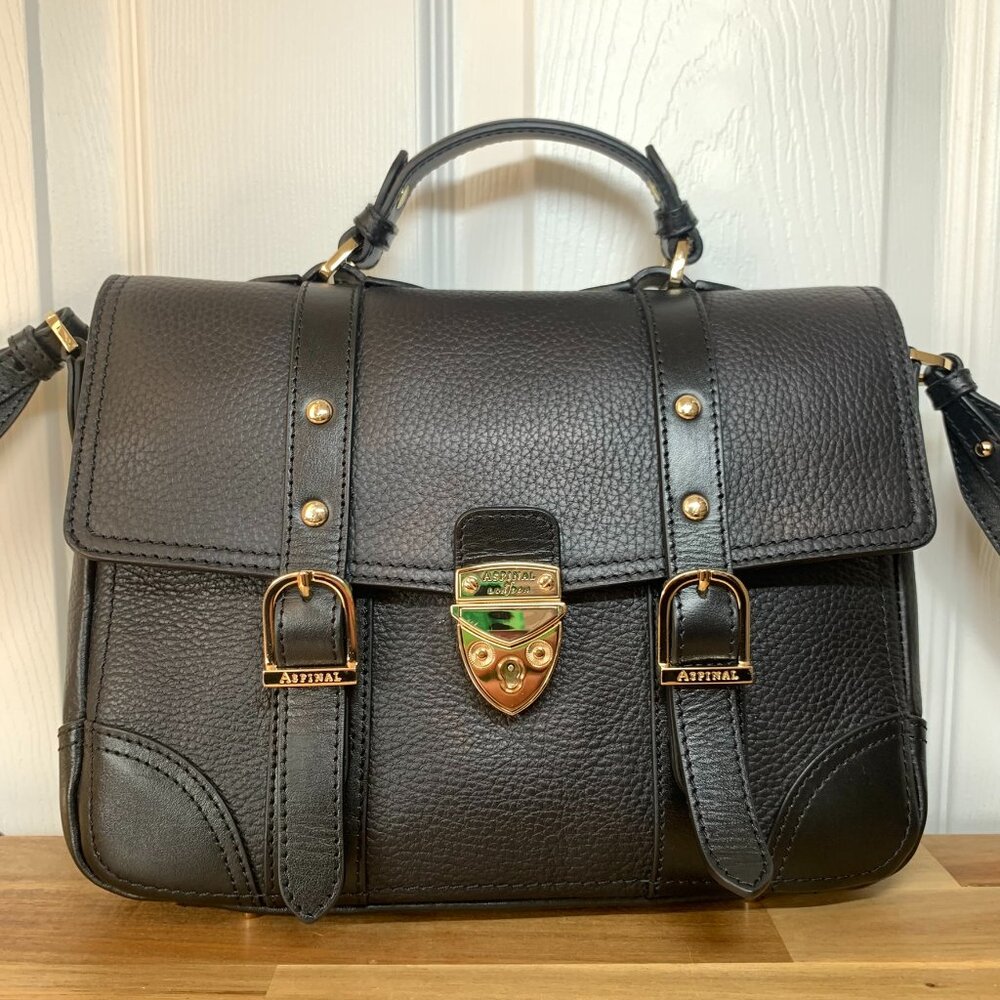 Aspinal of London Mollie Satchel Black Pebbled Leather Bag with Dust Bag